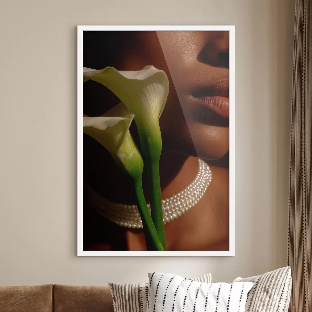 Poster Portret met witte bloemen in zacht licht f49980