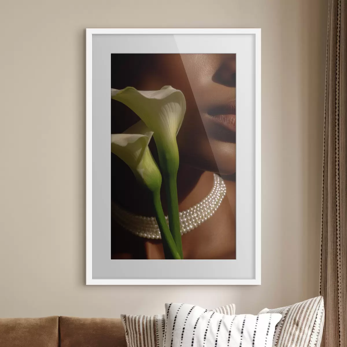 Poster Portret met witte bloemen in zacht licht f49980