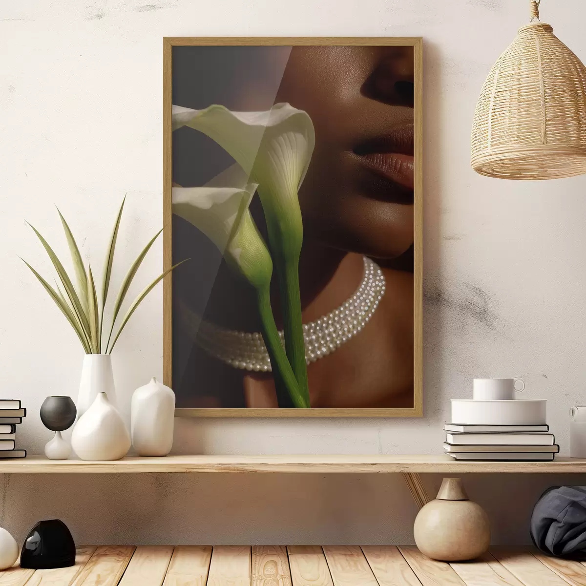 Poster Portret met witte bloemen in zacht licht f49980