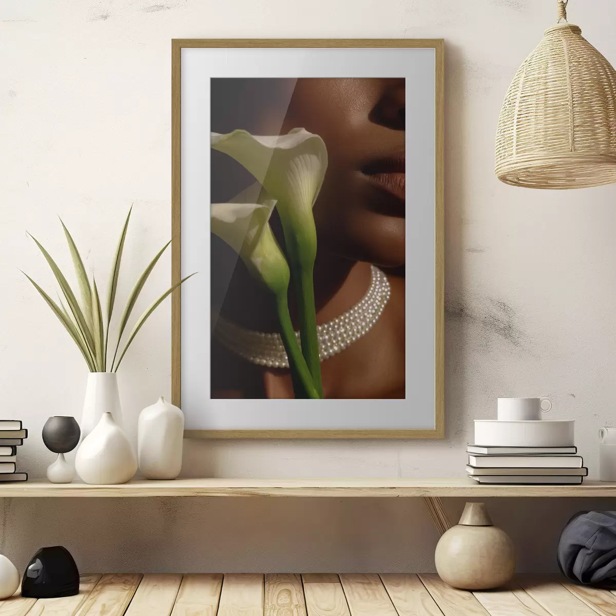 Poster Portret met witte bloemen in zacht licht f49980