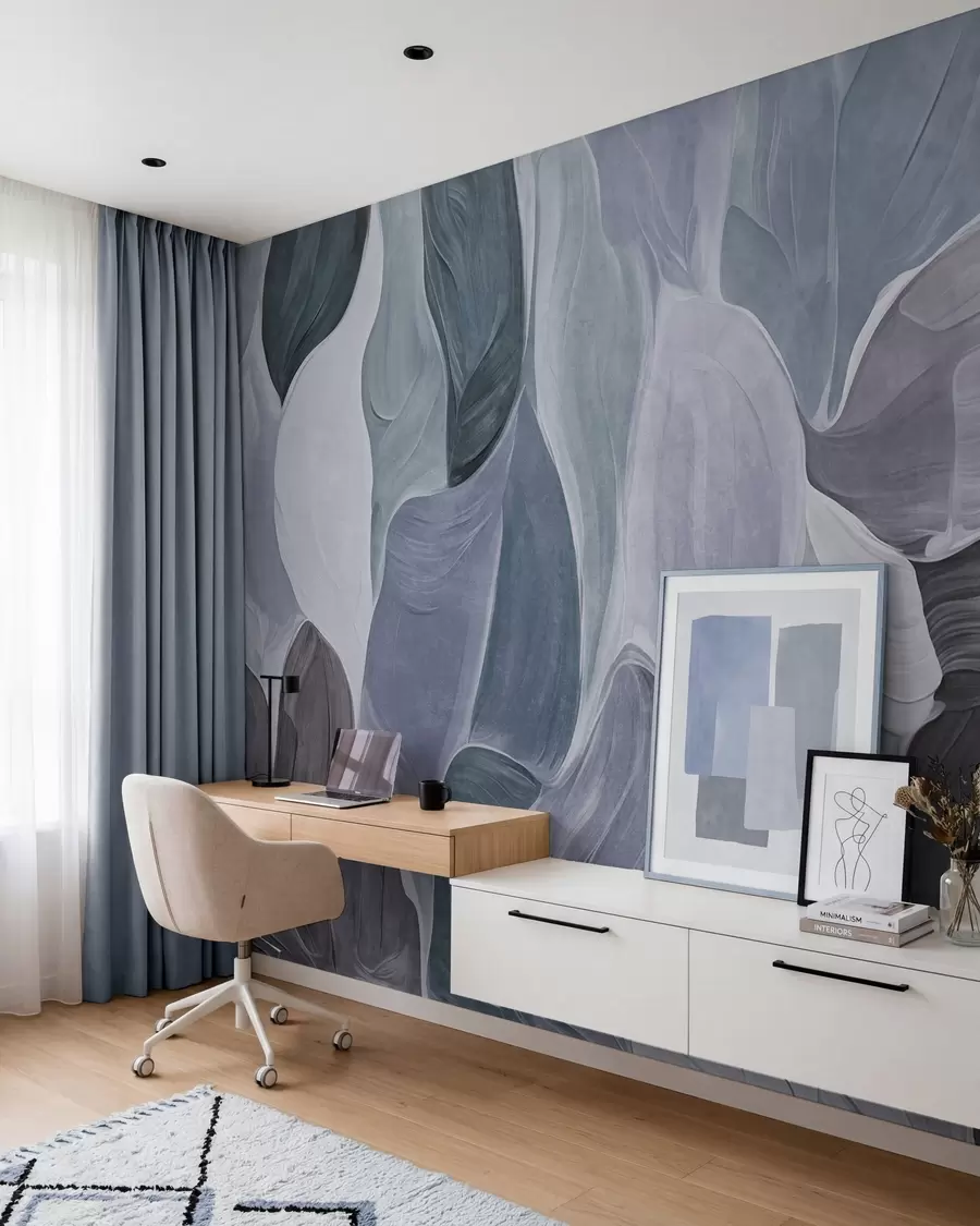 Fotobehang Abstracte vormen in ingetogen blauwe en grijze tinten, imitatie van penseelstreken w09908v1