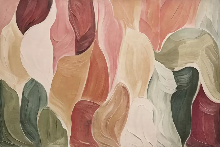 Fotobehang Abstracte vormen in ingetogen roze, perzikkleurige en groene tinten, met imitatie van penseelstreken w09908
