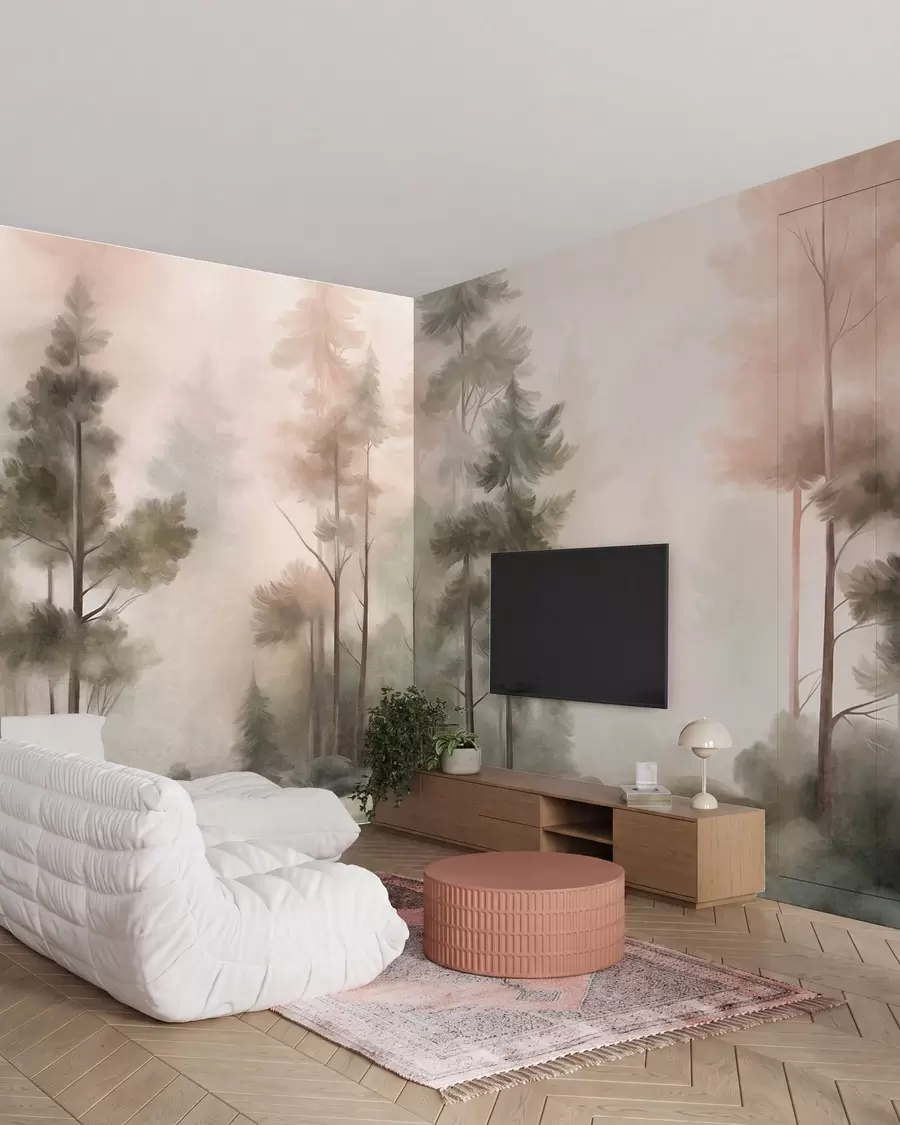 Fotobehang Dennen in roze nevel w09982