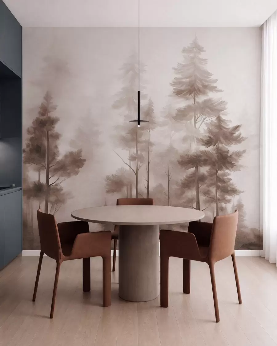 Fotobehang Een bos met een rijke textuur en hoge dennenbomen in bruintinten, met een lichte mist w09982v1