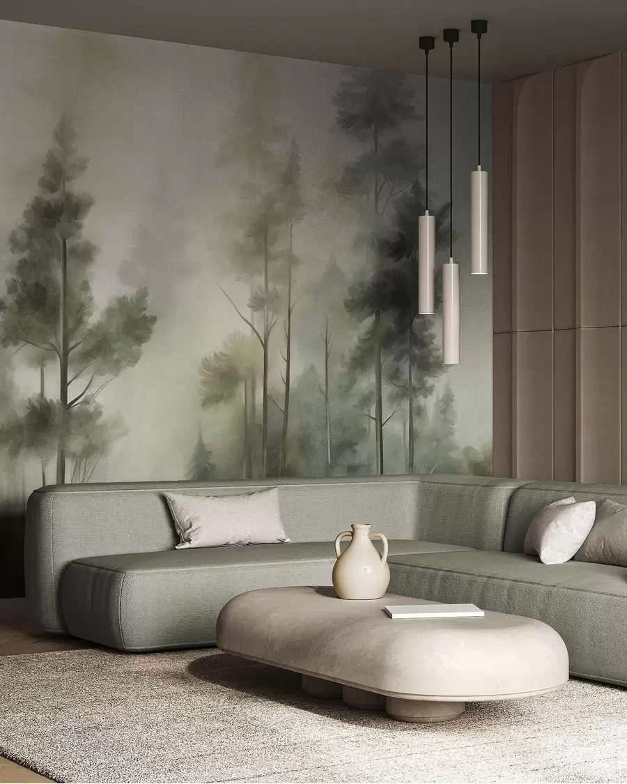 Fotobehang Dennen in goudgele mist w09982v2