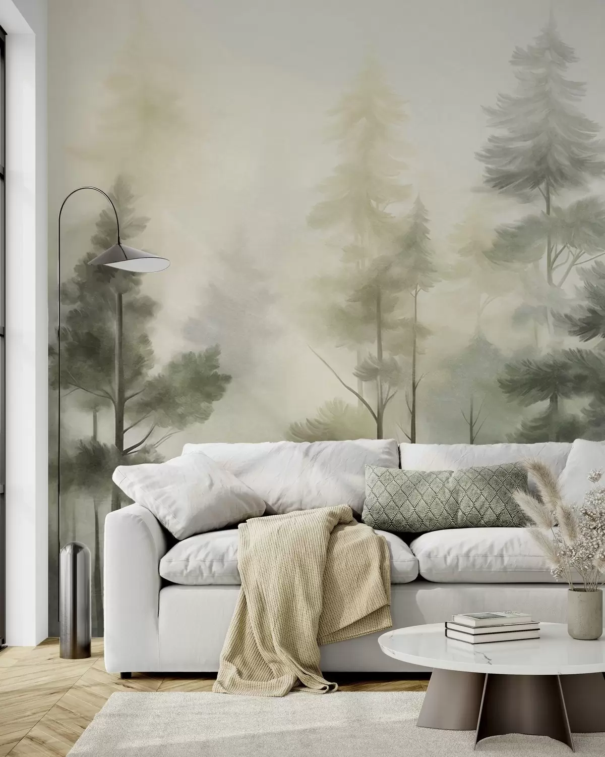Fotobehang Dennen in goudgele mist w09982v2