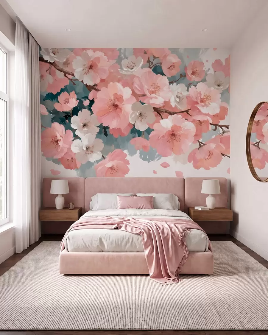 Fotobehang Bloeiende kersenbloesems met roze en witte bloemen in olieverfstijl w09912