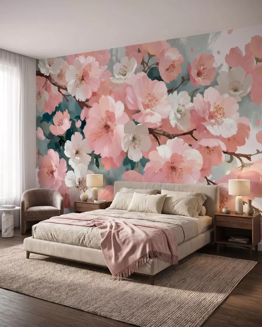 Fotobehang Bloeiende kersenbloesems met roze en witte bloemen in olieverfstijl w09912