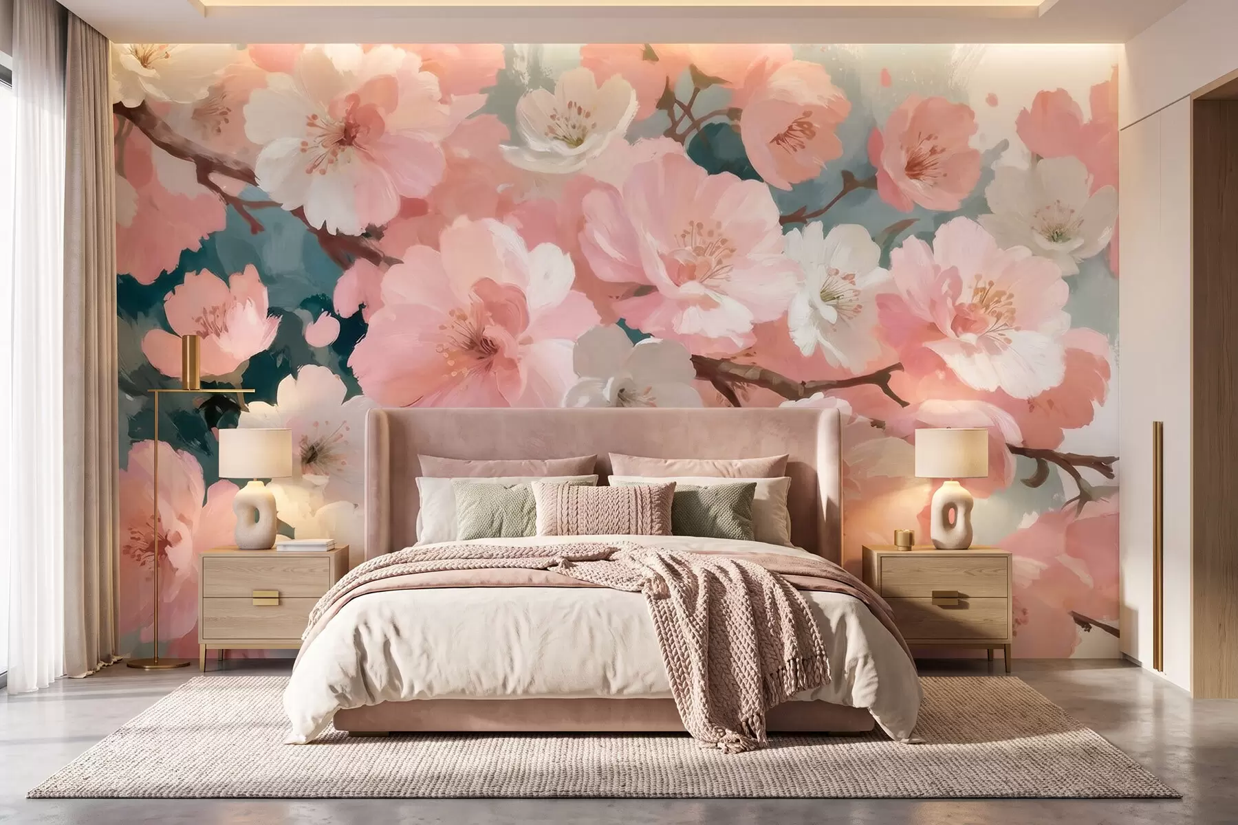 Fotobehang Bloeiende kersenbloesems met roze en witte bloemen in olieverfstijl w09912