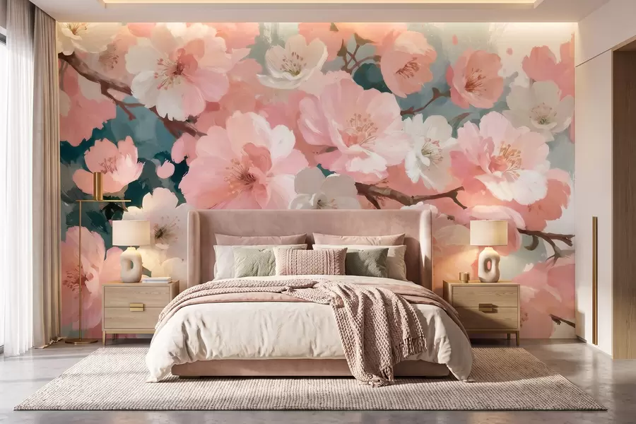 Fotobehang Bloeiende kersenbloesems met roze en witte bloemen in olieverfstijl w09912