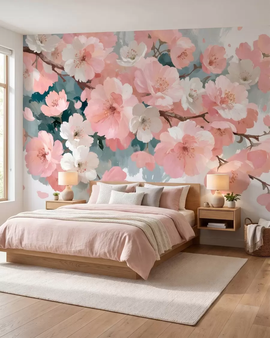 Fotobehang Bloeiende kersenbloesems met roze en witte bloemen in olieverfstijl w09912