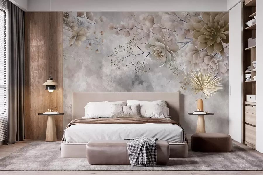 Fotobehang Fantasiebloemen in retrostijl op de afbeelding hierboven, in beige- en bruintinten w05753