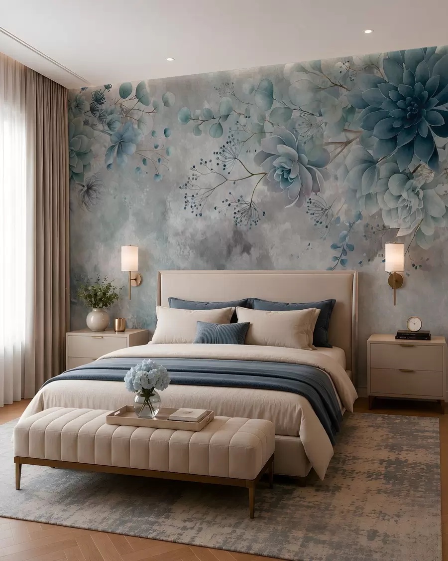 Fotobehang Fantasiebloemen in retrostijl op de afbeelding hierboven, in beige- en bruintinten w05753