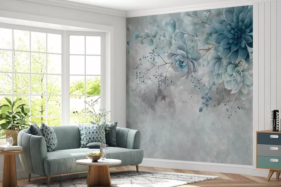 Fotobehang Een bovenaanzicht van fantasiebloemen in retrostijl, in blauwe en turkooizen tinten w05753v1