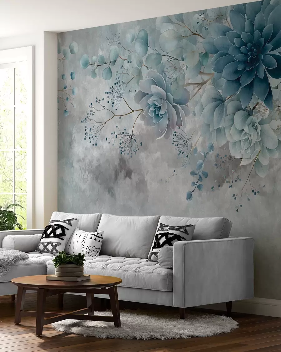 Fotobehang Een bovenaanzicht van fantasiebloemen in retrostijl, in blauwe en turkooizen tinten w05753v1