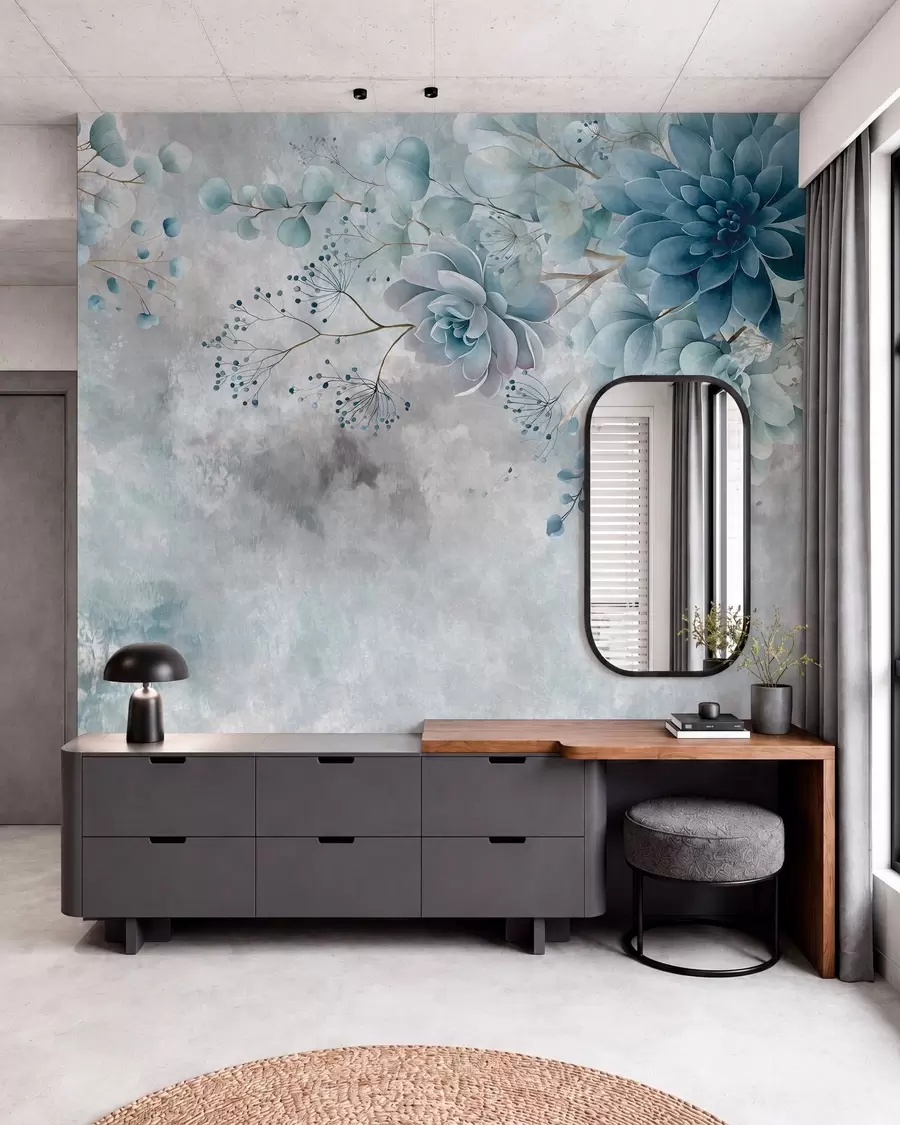 Fotobehang Een bovenaanzicht van fantasiebloemen in retrostijl, in blauwe en turkooizen tinten w05753v1