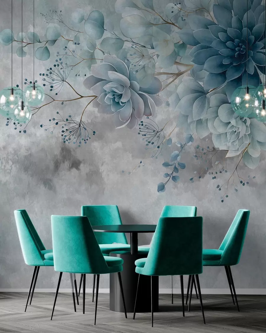 Fotobehang Een bovenaanzicht van fantasiebloemen in retrostijl, in blauwe en turkooizen tinten w05753v1