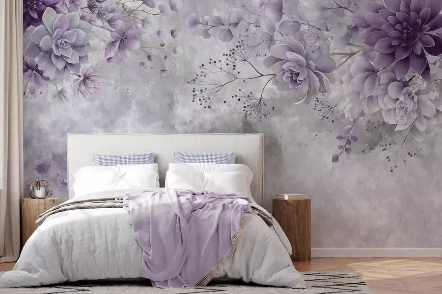 Fotobehang Een bovenaanzicht van fantasiebloemen in retrostijl, in paarse tinten w05753v2