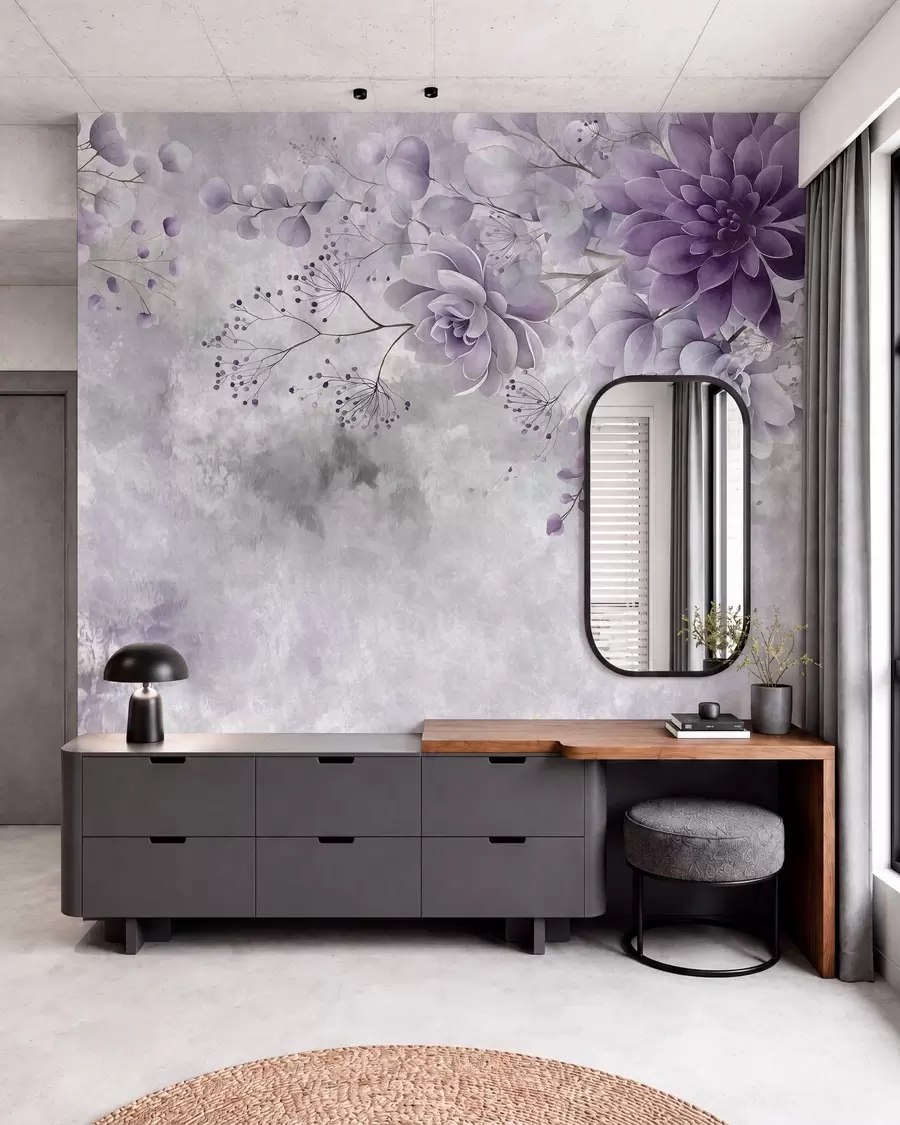 Fotobehang Een bovenaanzicht van fantasiebloemen in retrostijl, in paarse tinten w05753v2