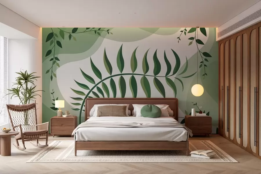 Fotobehang Een gebogen varenblad in verschillende tinten groen w05756