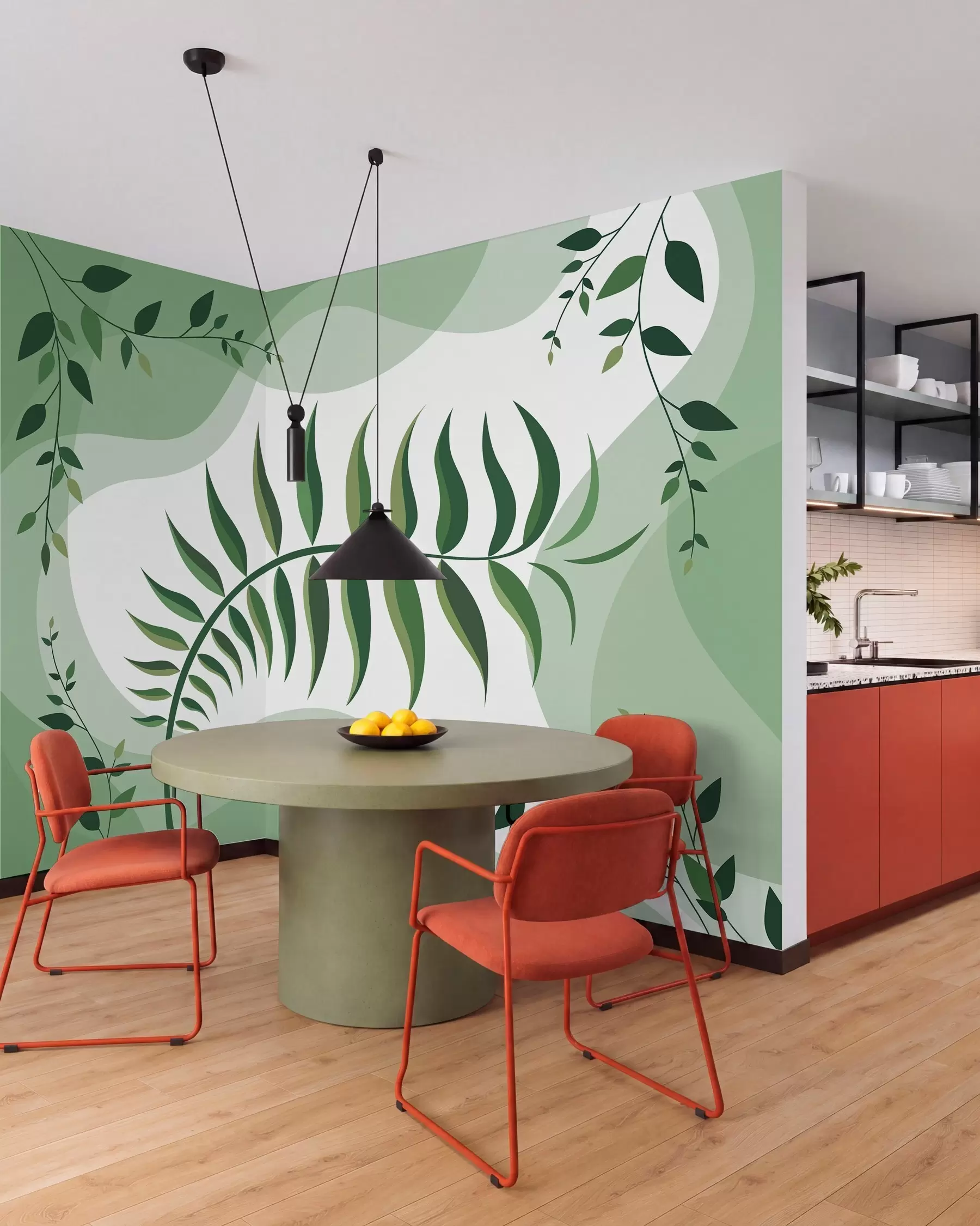 Fotobehang Een gebogen varenblad in verschillende tinten groen w05756