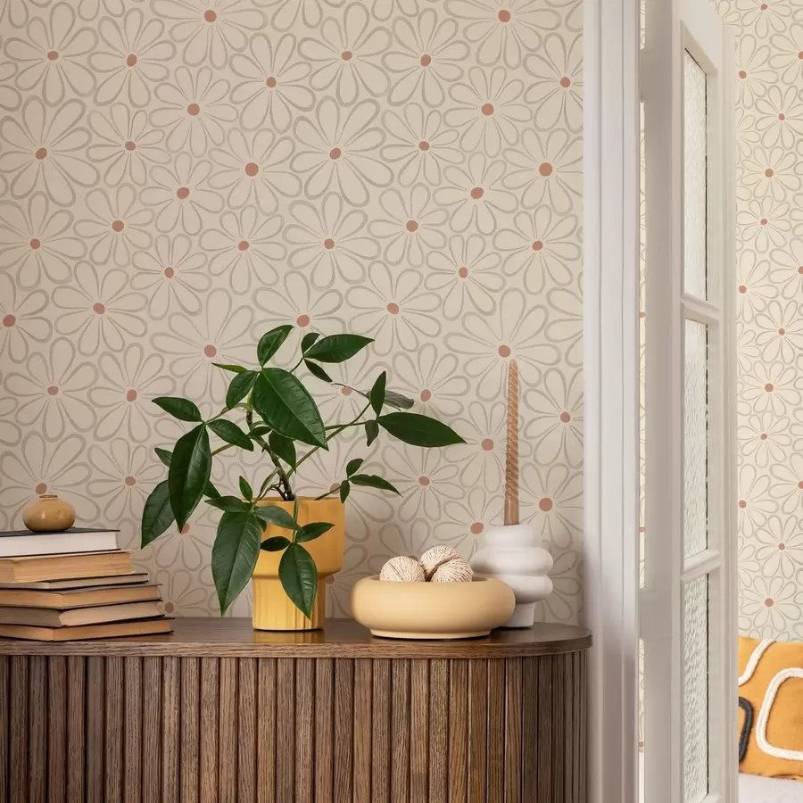 Fotobehang Grote, omlijnde bloemen op een lichtcrèmekleurige achtergrond a01234v1