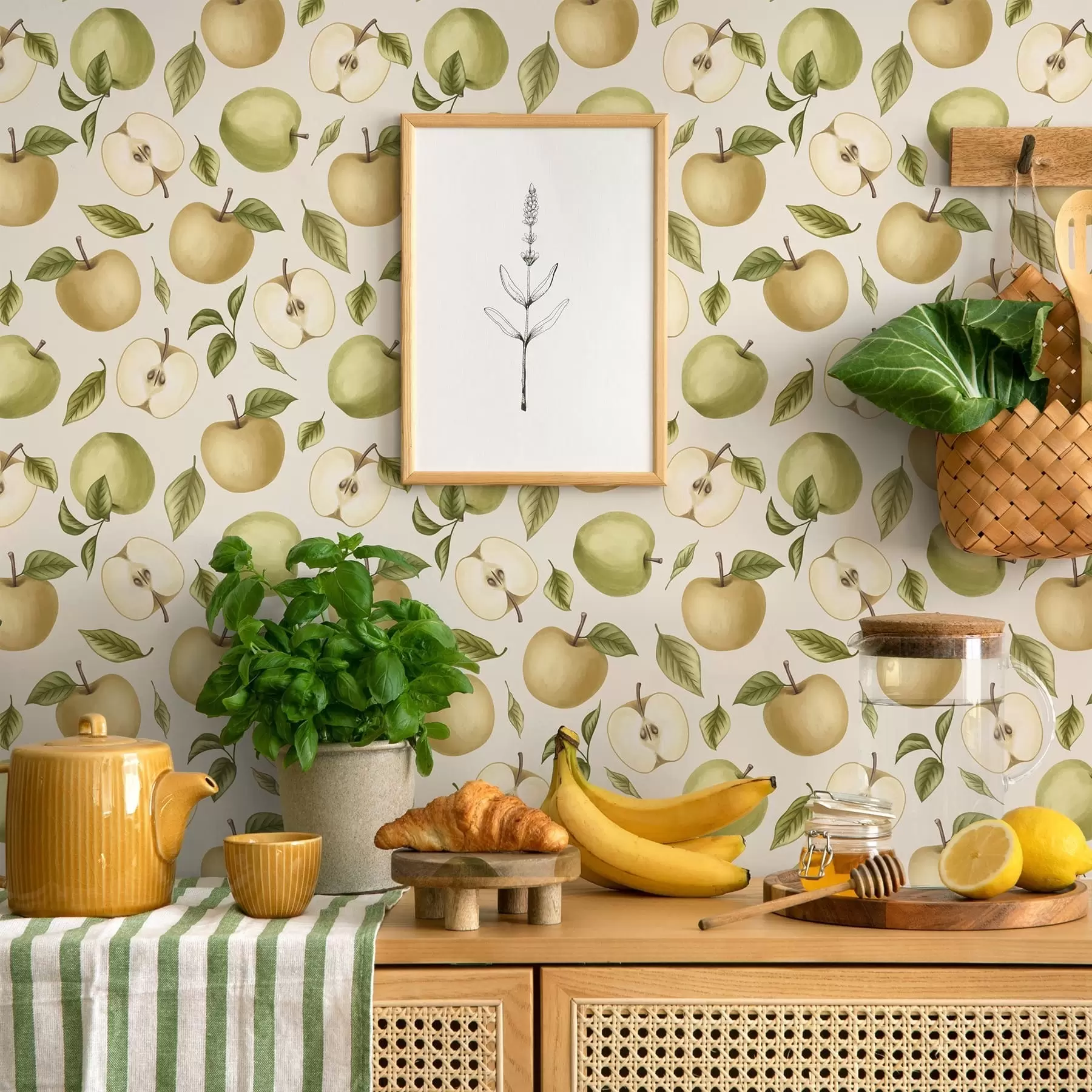 Fotobehang Groene appels en bladeren op een lichte achtergrond a01236