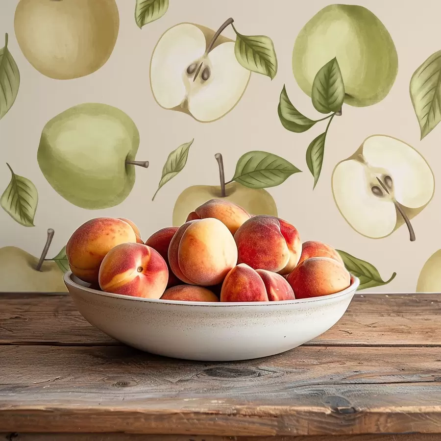 Fotobehang Groene appels en bladeren tegen een warme, lichte achtergrond a01236v1