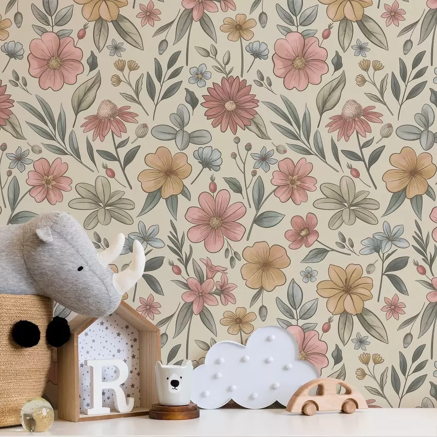 Fotobehang Pastelkleurige wilde bloemen en bladeren a01243