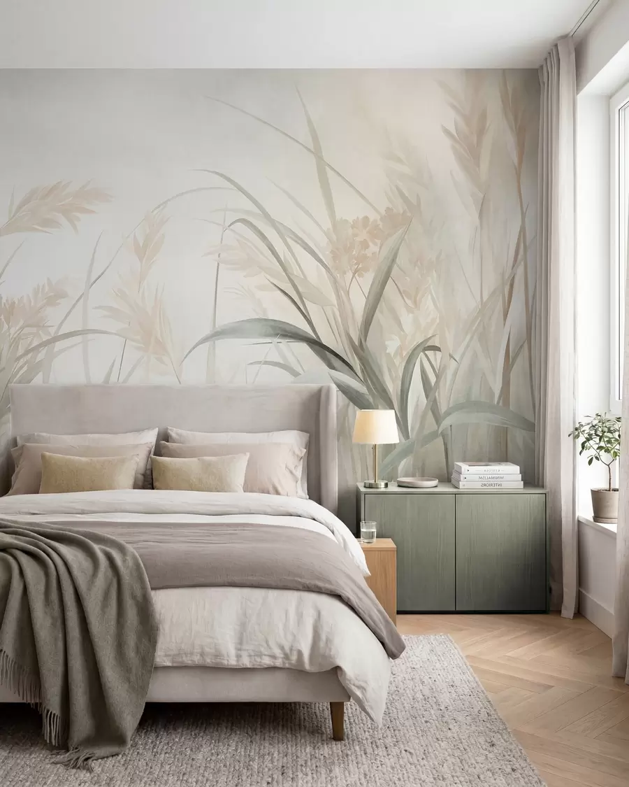 Fotobehang Hoog, dun gras en riet in zachte, gedempte tinten van beige, crème en groen, met een rijke textuur w09981