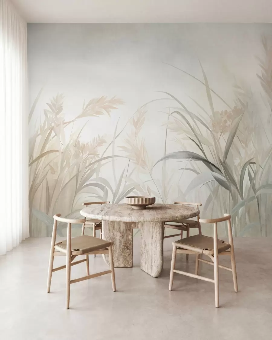 Fotobehang Hoog, dun gras en riet in zachte, gedempte tinten van beige, crème en groen, met een rijke textuur w09981