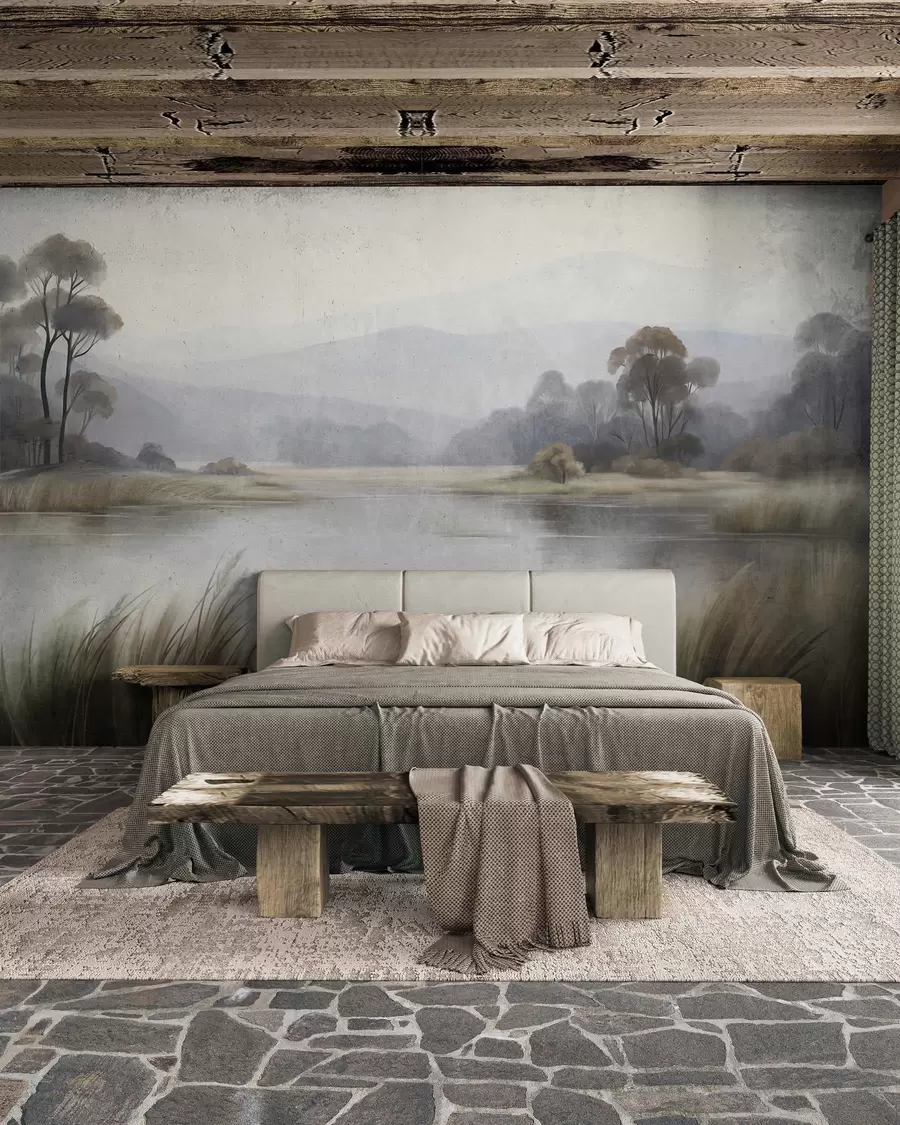 Fotobehang Een landschap met veel textuur, met een meer, hoog gras, bomen en bergen op de achtergrond w09983