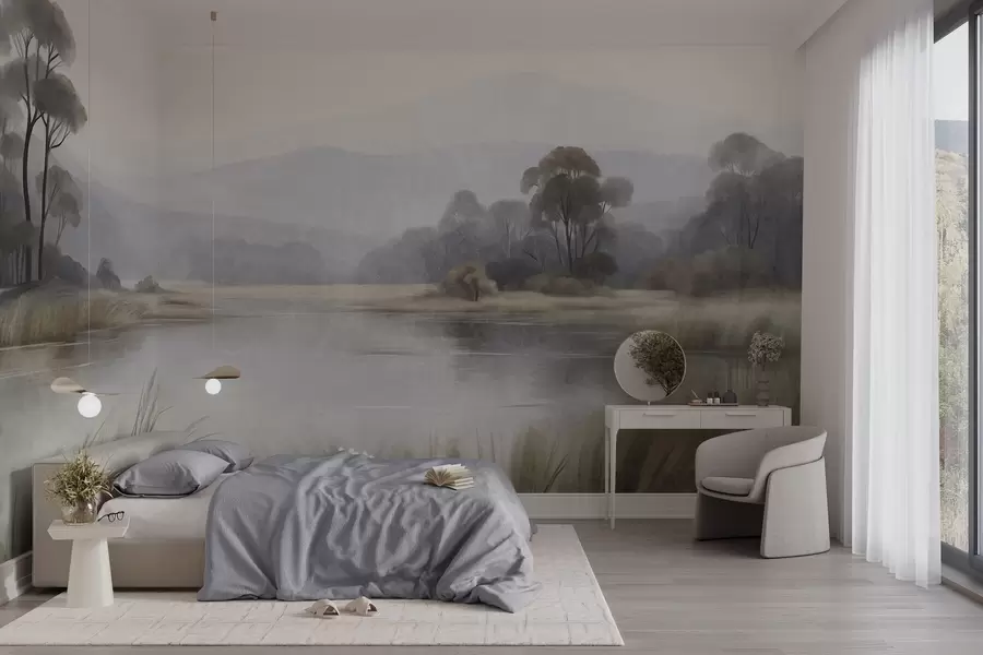 Fotobehang Een landschap met veel textuur, met een meer, hoog gras, bomen en bergen op de achtergrond w09983