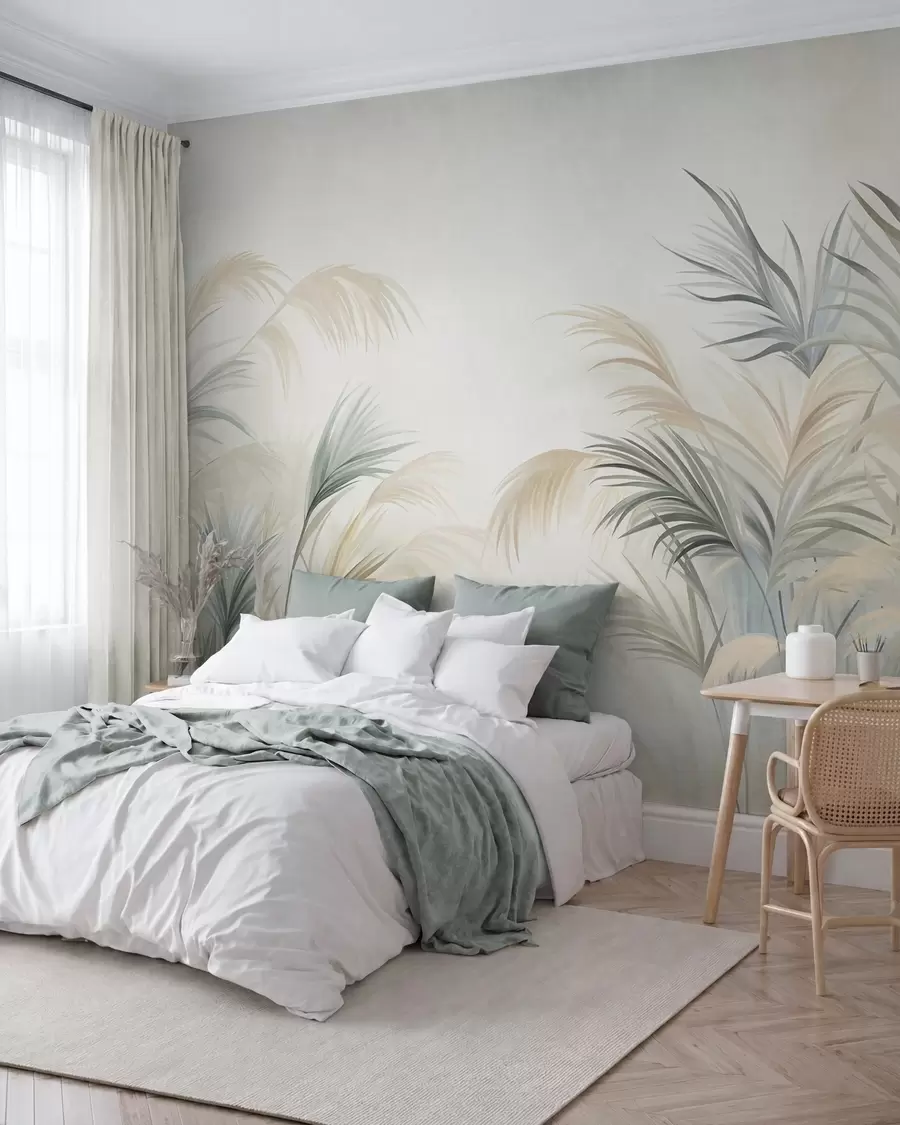 Fotobehang Hoge planten in ingetogen tinten beige, groen en grijs tegen een achtergrond met een zachte textuur w09984