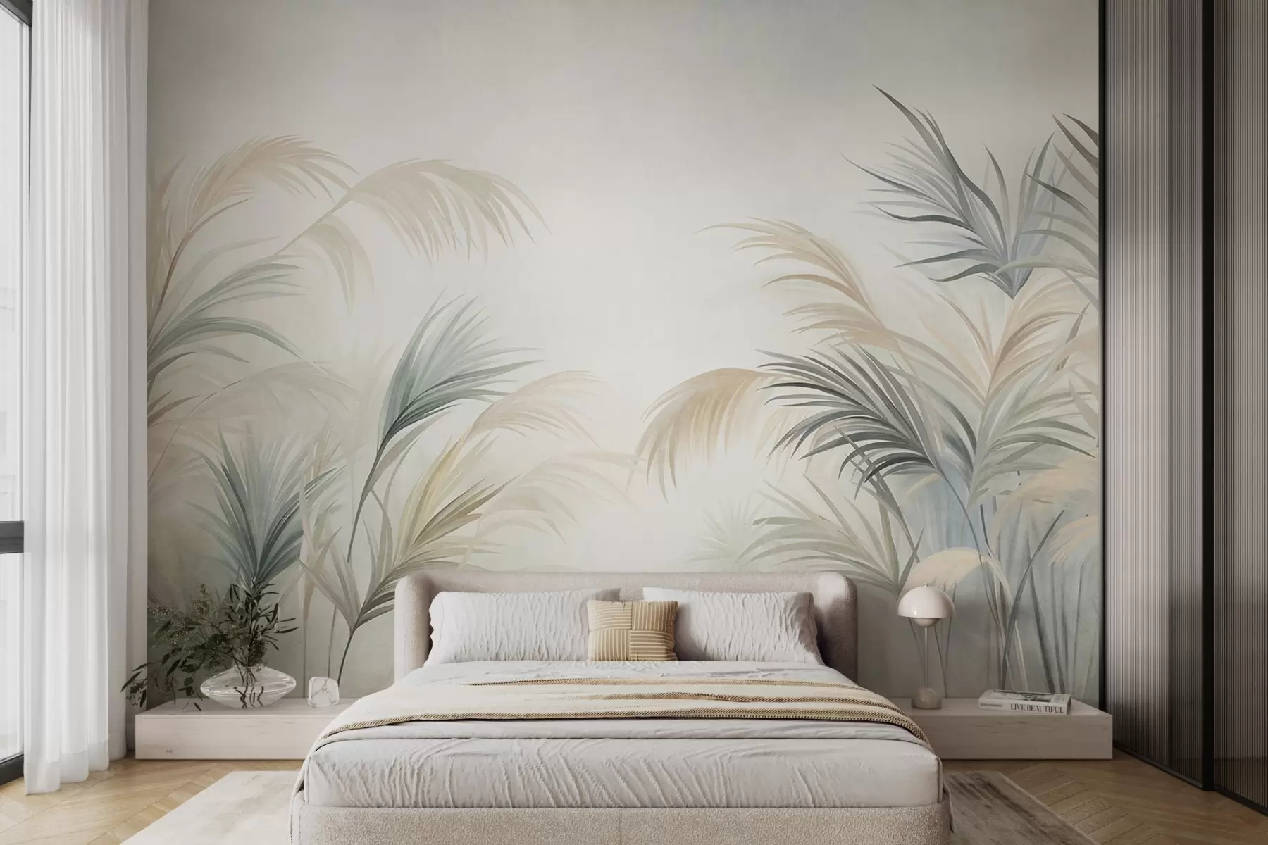 Fotobehang Hoge planten in ingetogen tinten beige, groen en grijs tegen een achtergrond met een zachte textuur w09984