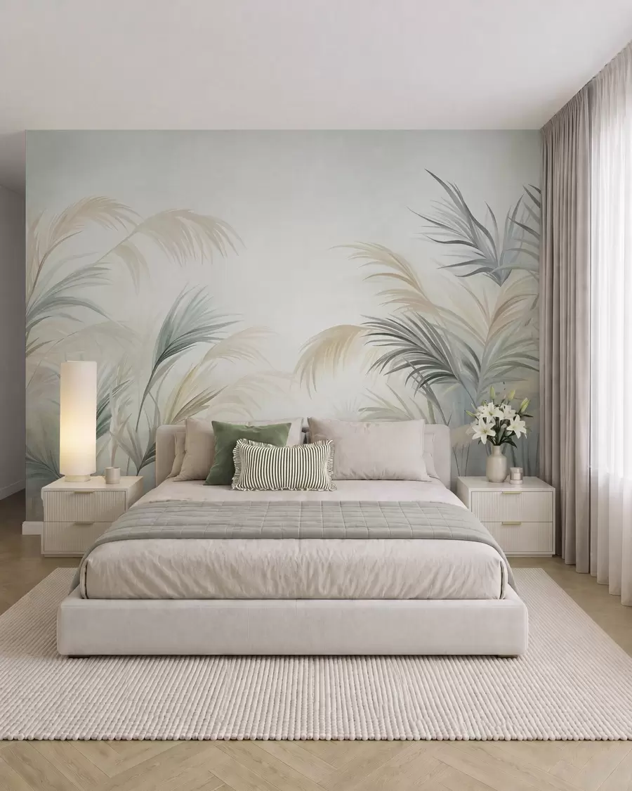 Fotobehang Hoge planten in ingetogen tinten beige, groen en grijs tegen een achtergrond met een zachte textuur w09984