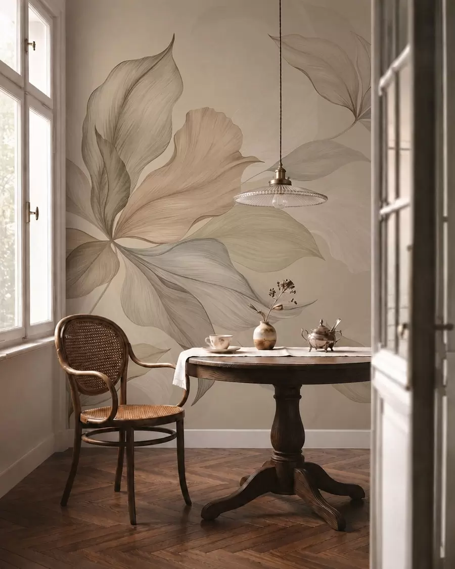 Fotobehang Grote decoratieve bladeren tegen een warme achtergrond w05733