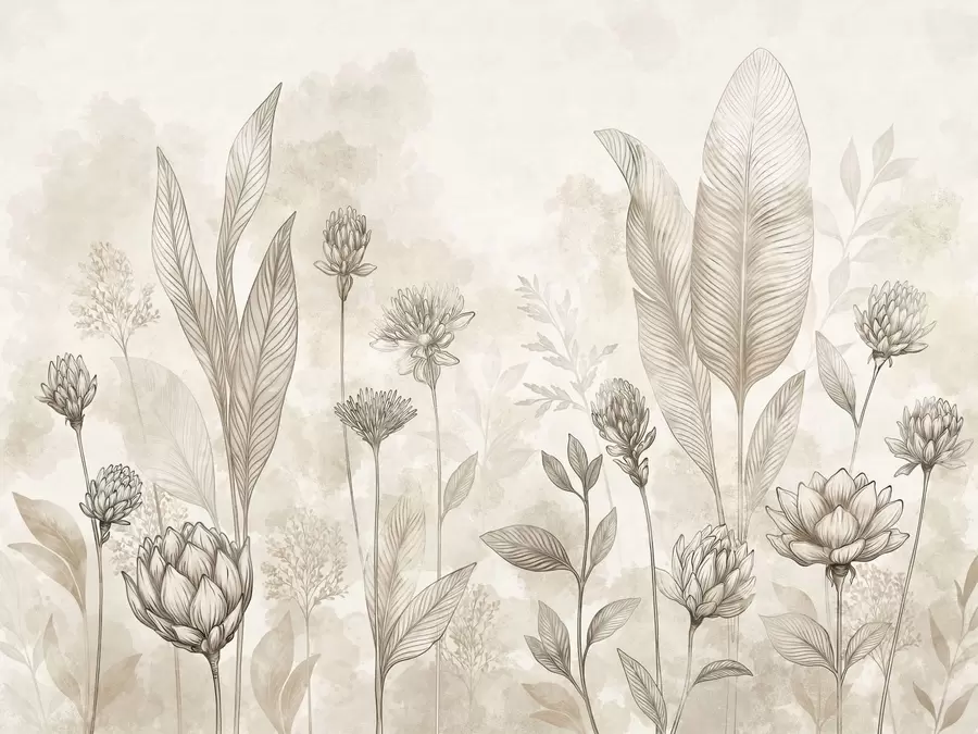 Fotobehang Botanische compositie met bloemen en bladeren w05802