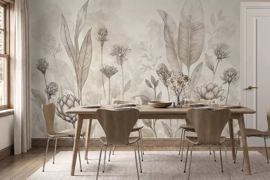 Fotobehang Botanische compositie met bloemen en bladeren w05802