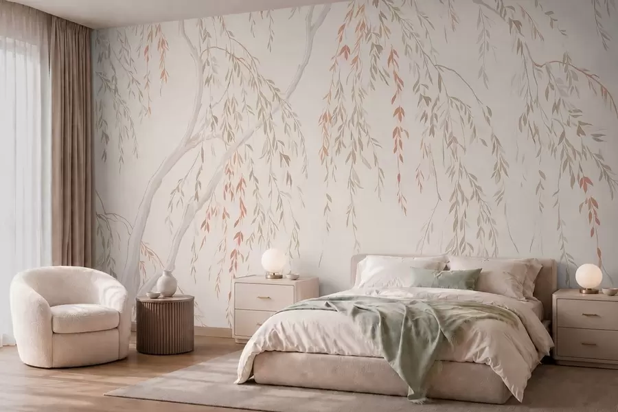 Fotobehang Licht hangende takken met pastelkleurige bladeren w05812
