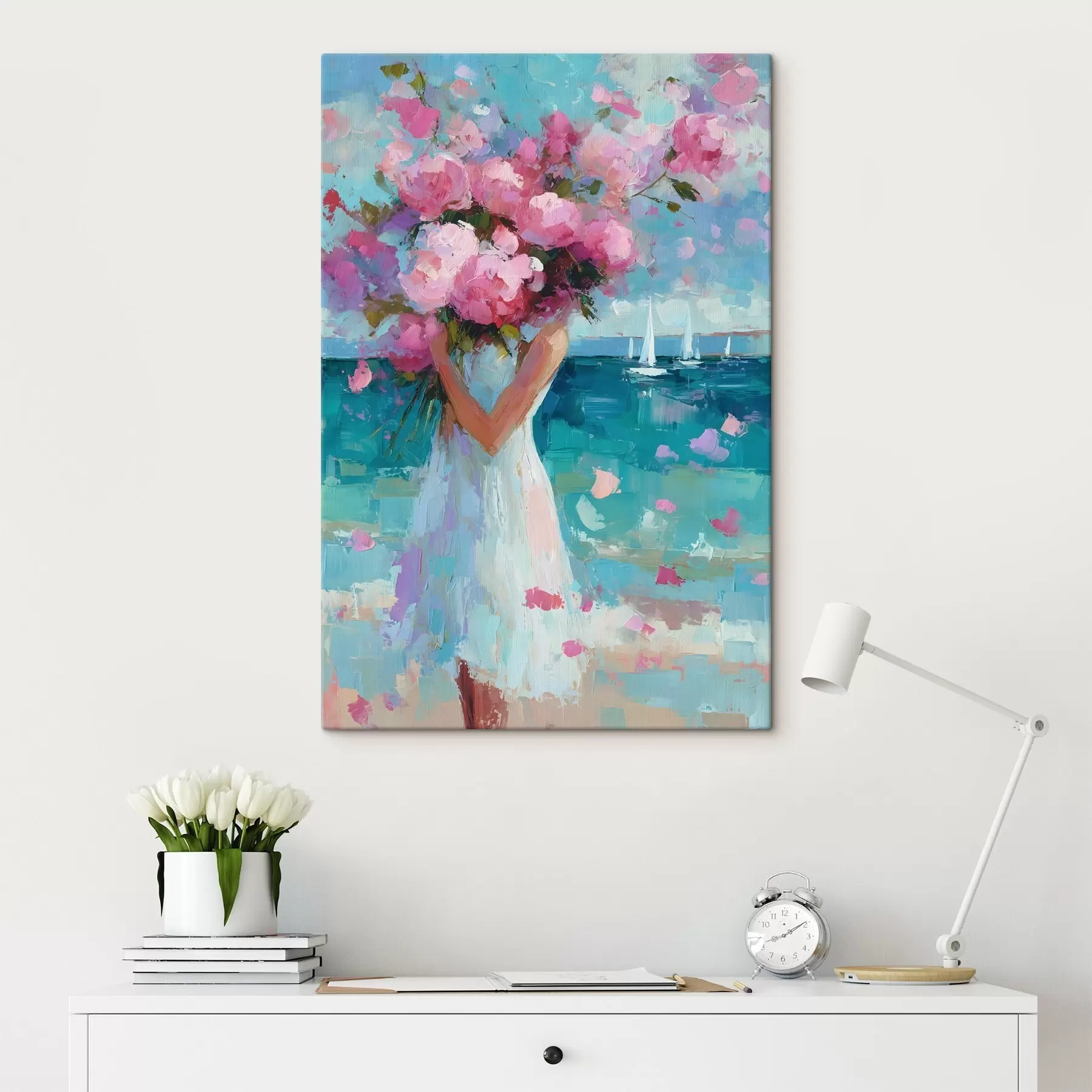  Schilderijen Een meisje met pioenrozen tegen een zeegezicht, geschilderd in de impasto-stijl s49937