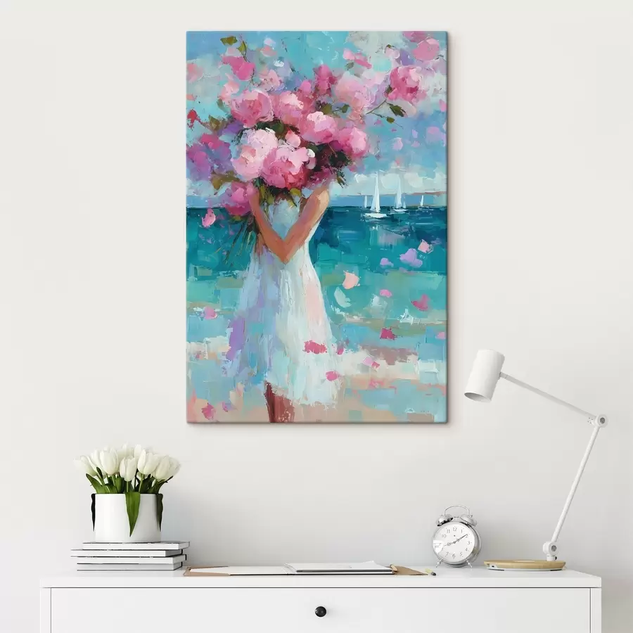  Schilderijen Een meisje met pioenrozen tegen een zeegezicht, geschilderd in de impasto-stijl s49937