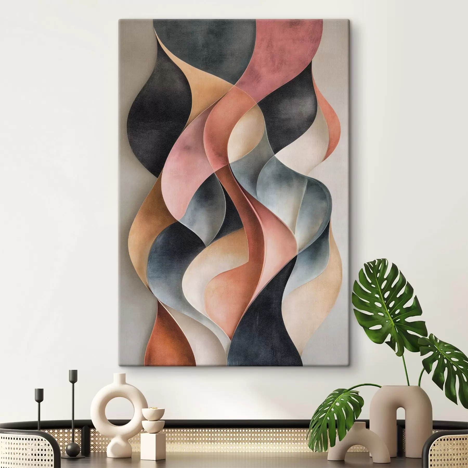  Schilderijen Abstracte golven in tinten zwart en terracotta s50154
