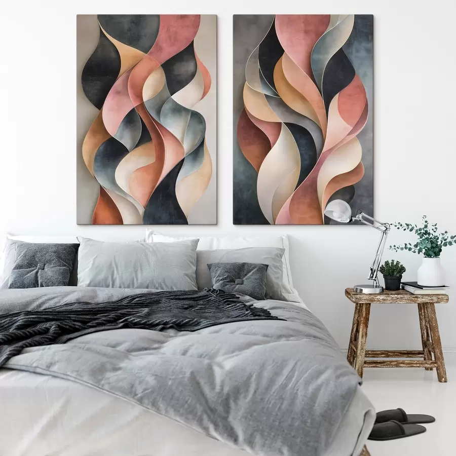  Schilderijen Abstracte golven in tinten zwart en terracotta m30816