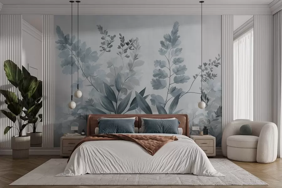 Fotobehang Botanische kunst met textuur, diverse planten en bladeren in blauw- en grijstinten w09979v1