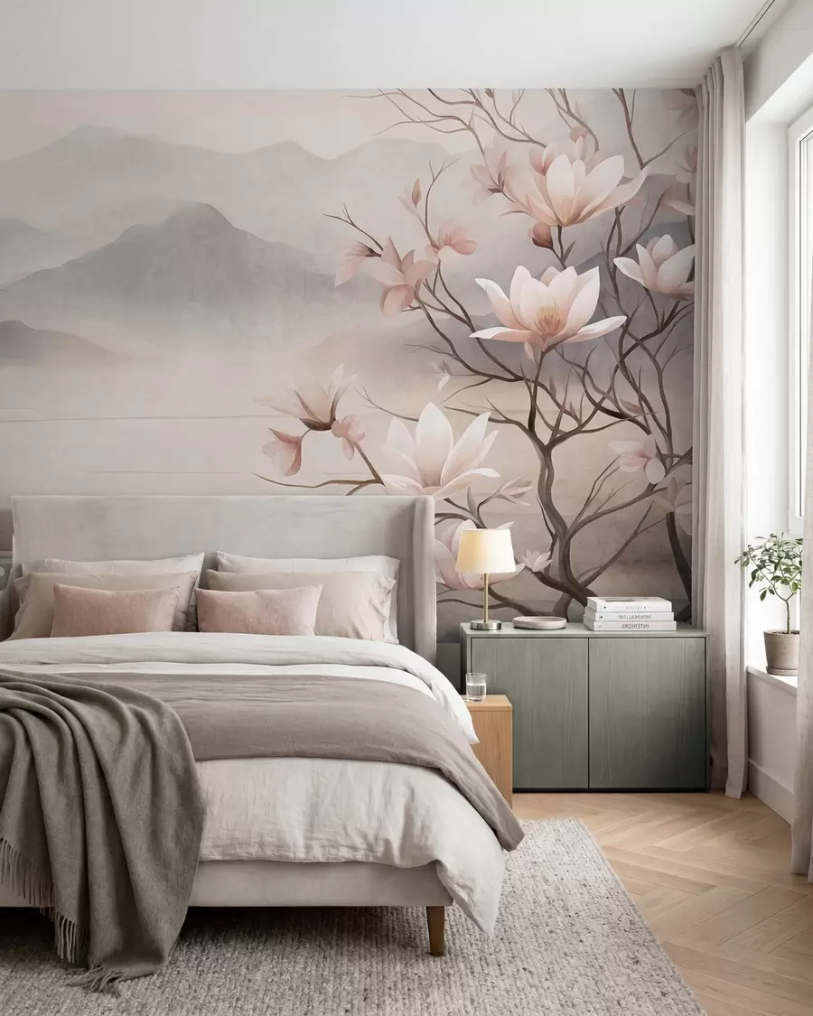 Fotobehang Bergen en bloeiende roze magnoliatakken, een landschap met veel textuur w10013