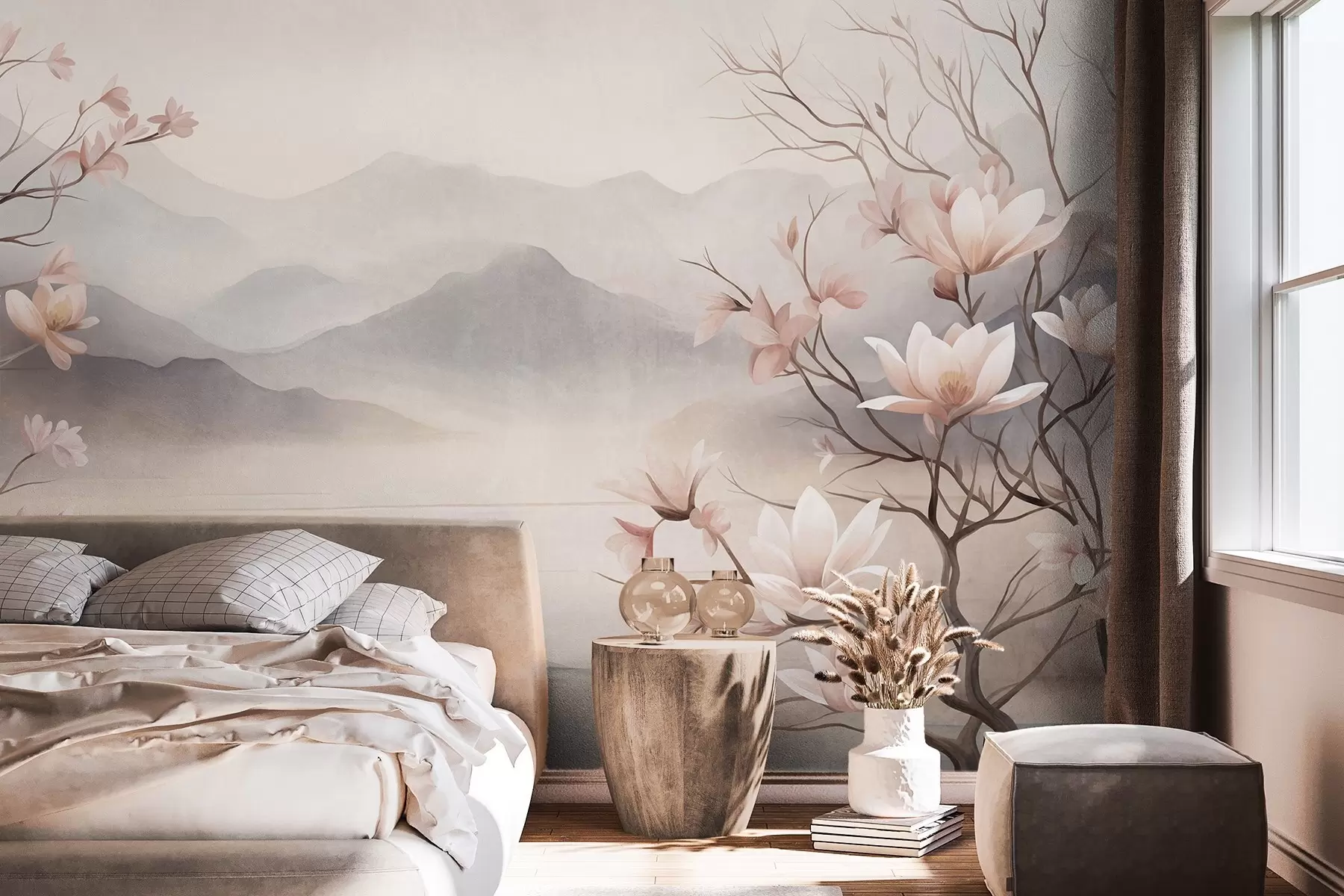 Fotobehang Bergen en bloeiende roze magnoliatakken, een landschap met veel textuur w10013