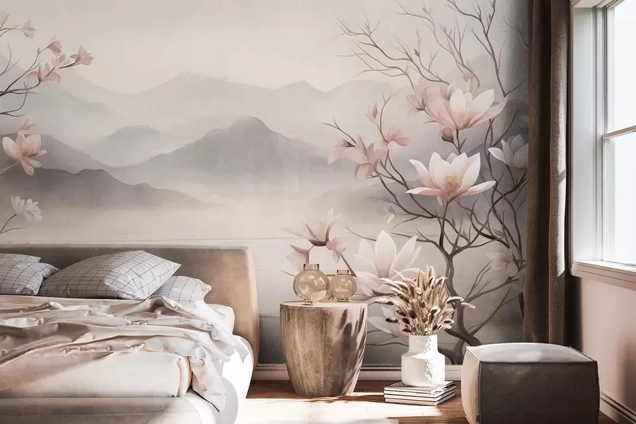 Fotobehang Bergen en bloeiende roze magnoliatakken, een landschap met veel textuur w10013