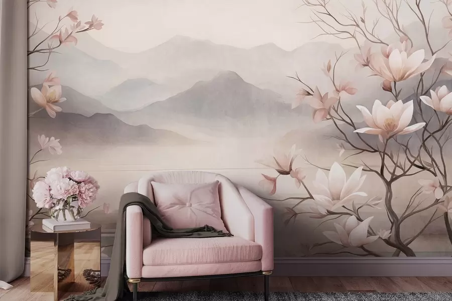 Fotobehang Bergen en bloeiende roze magnoliatakken, een landschap met veel textuur w10013