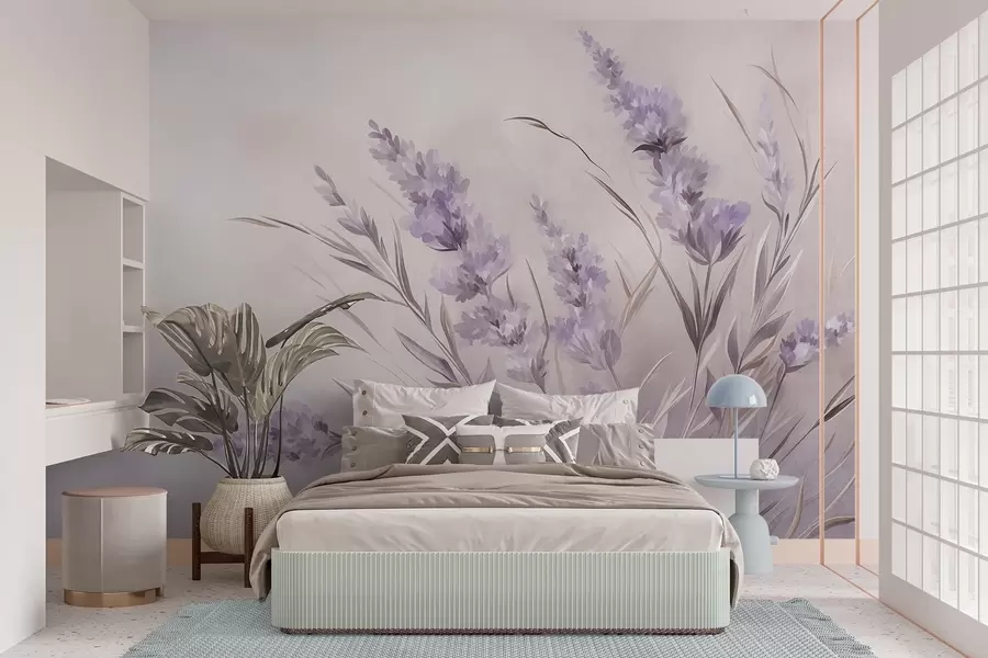 Fotobehang Lavendelbloemen met lange stelen en bladeren, kunstwerk met een zachte pastelachtige textuur w10018